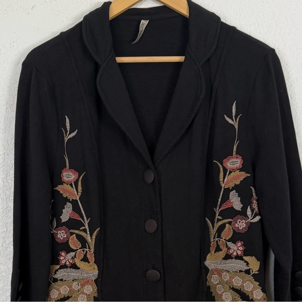 XCVI Black Floral Embroidered Cotton Jacket Large Bohemian Artsy Lagenlook - Picture 2 of 10
